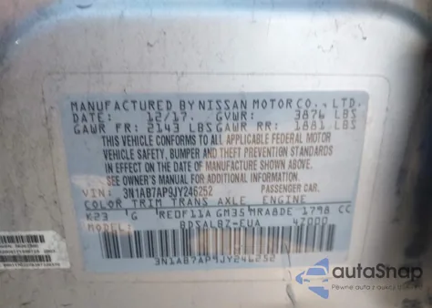 2018 Nissan Sentra S z USA, uszkodzony, nr VIN 3N1AB7AP9JY246252